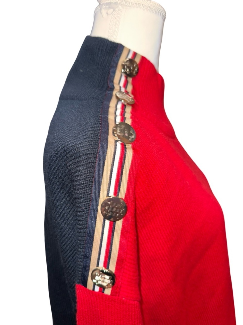 Tommy Hilfiger Mock Neck Sweater Small Red Colorblock Button Shoulder NWT Preppy - Picture 5 of 13